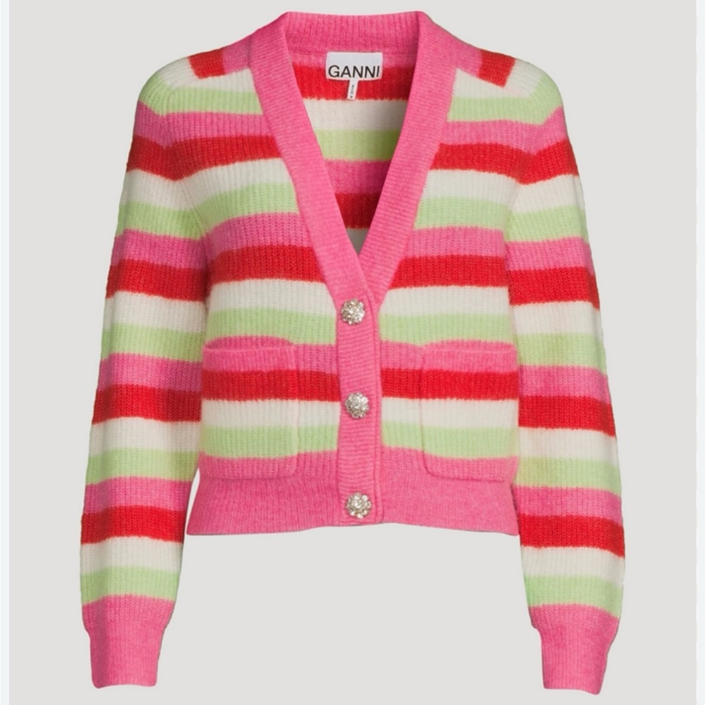 Ganni Striped Embellished Button Cardigan Sweater